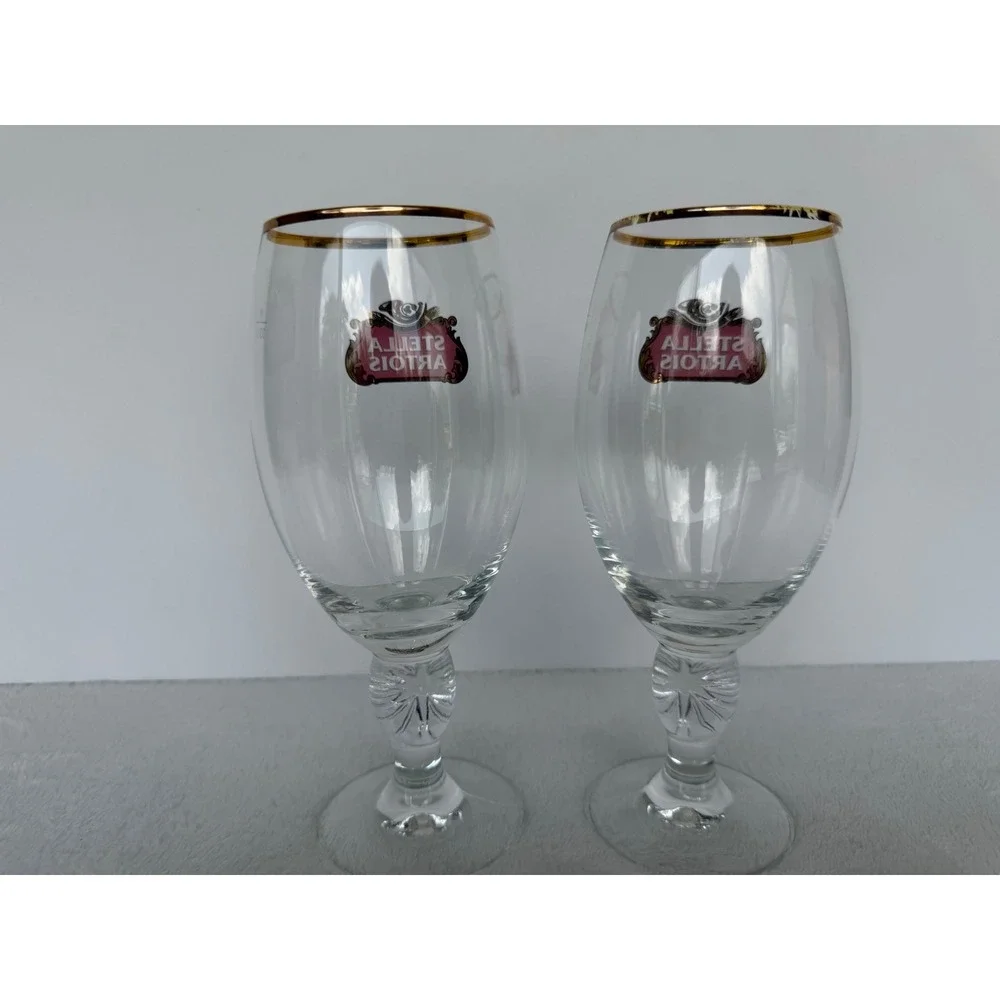 Stella Artois Beer Glasses Set of 2 Gold Rim Stemmed Chalice 33cl Barware nobox